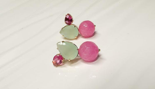 18k Gold Plated Fuchsia Jade and Aquamarine Earrings.
