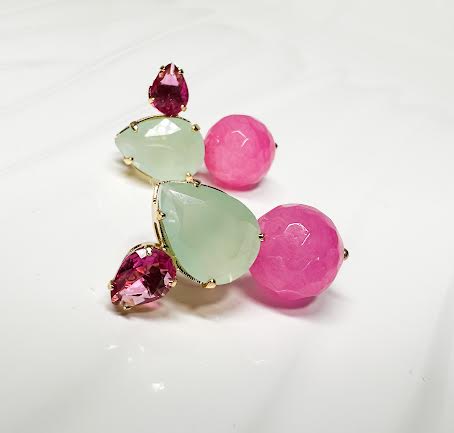 18k Gold Plated Fuchsia Jade and Aquamarine Earrings.