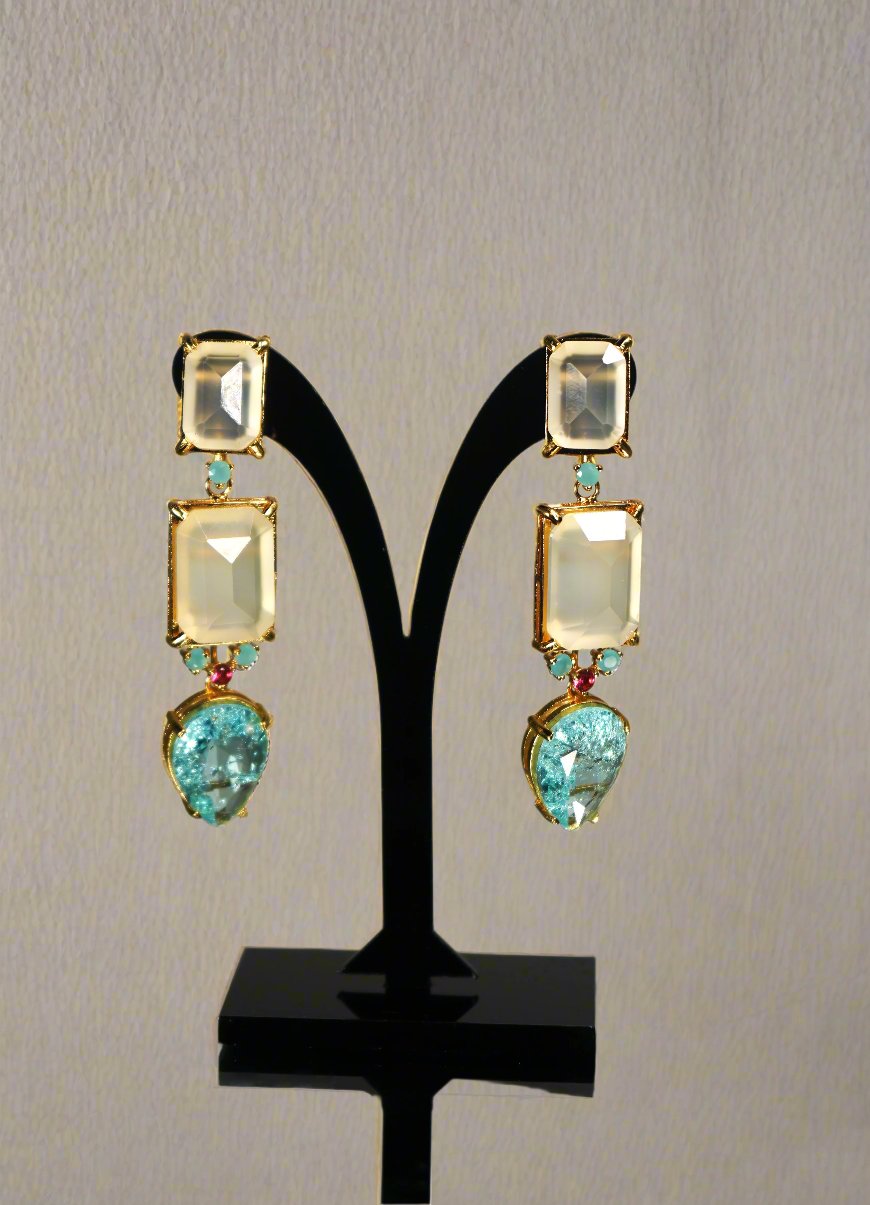18K Gold Plated Italian Resin and Blue Aquamarine Earrings