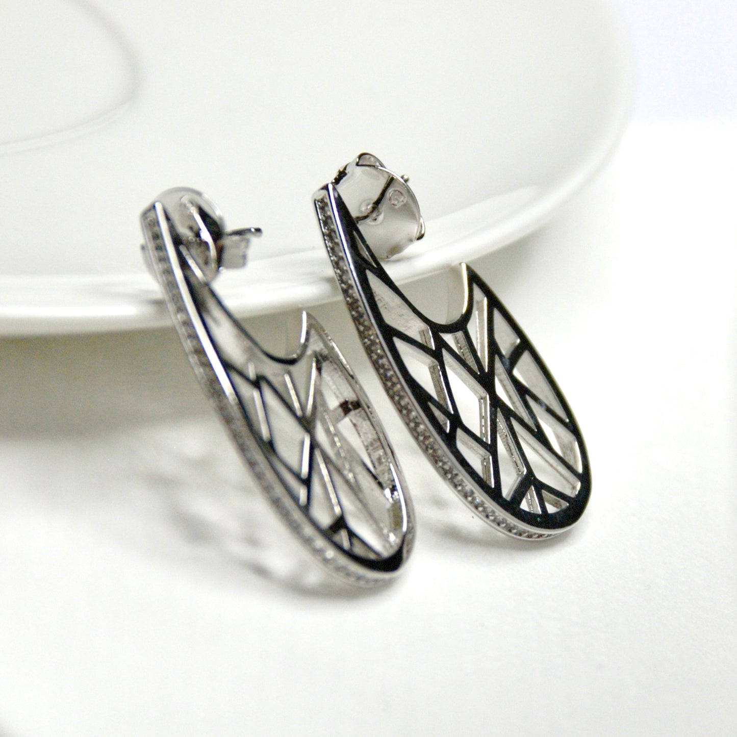 Rhodium Plated Cut-out Earrings with Micro Zirconias