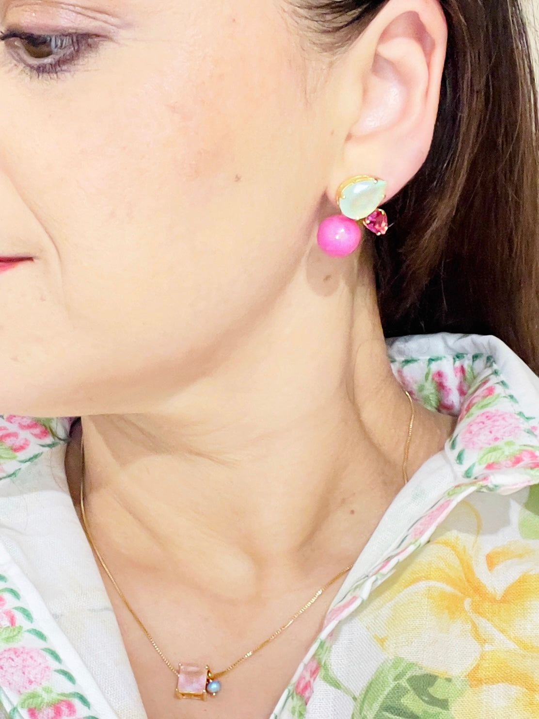 18k Gold Plated Fuchsia Jade and Aquamarine Earrings.