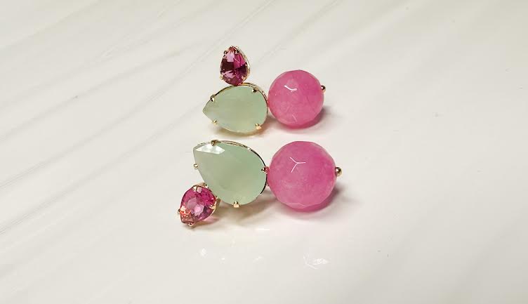 18k Gold Plated Fuchsia Jade and Aquamarine Earrings.